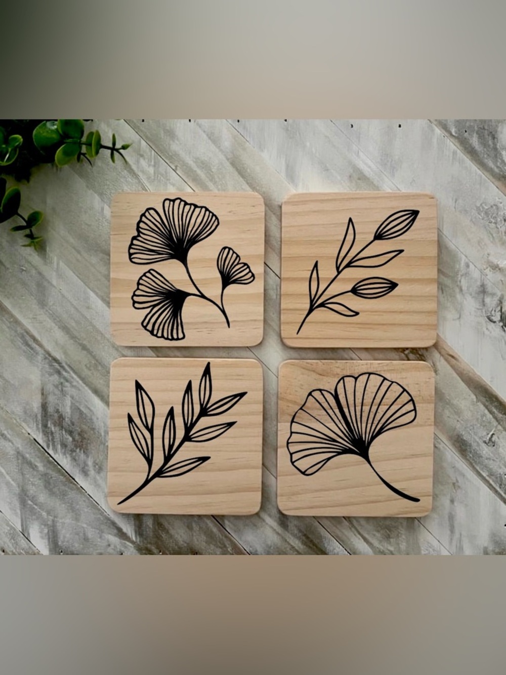 Set of 4 Botanical Wooden Coasters - Black Floral Line Art